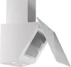 A white kitchen range hood with its front panel open, revealing the filter inside. The hood has two circular LED lights at the bottom. Produktbild-Vorschau
