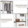 A collage showing two views of a garment rack. The top view shows the rack with clothes hanging, and the bottom view shows the rack with storage shelves and shoes. Produktbild-Vorschau