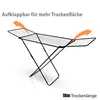 A black clothes drying rack is shown with orange arrows indicating it can be unfolded to increase drying space. Produktbild-Vorschau