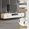 A modern white TV stand with gold accents, featuring a television and close-up insets highlighting its features. Podgląd zdjęcia produktu