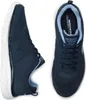 A pair of navy blue Skechers sneakers with light blue accents, shown from a side and top-down view against a white background. Voir les images du produit