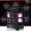 A gaming PC with RGB lighting, featuring callouts for its features. Produktbild-Vorschau