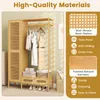 A product image showcasing a wooden wardrobe with clothing hanging on a rack and storage compartments, accompanied by marketing text highlighting material quality and features. Podgląd zdjęcia produktu