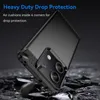 A phone case is shown from a low angle, appearing to be dropped onto a rocky surface, with text highlighting its drop protection features. Produktbild-Vorschau
