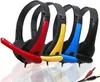 Four colorful computer headsets are lined up against a white background, with their audio jacks visible in the foreground. Produktbild-Vorschau