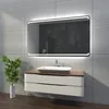 A modern bathroom vanity with a sink and a large LED-lit mirror. Produktbild-Vorschau