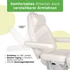 A white cosmetic chair with adjustable armrests shown from a side angle, with text overlays highlighting features. Produktbild-Vorschau