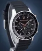 A close-up studio shot of a Maserati chronograph watch with a black dial and black rubber strap, displayed on a stand against a blue background. Anteprima dell’immagine prodotto