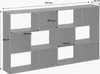 A diagram showing the dimensions of a white bookshelf with multiple compartments. Anteprima dell’immagine prodotto