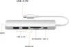 A silver USB-C hub with various ports and a connected USB-C cable, shown against a white background with labels pointing to its features. Voir les images du produit