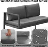 A close-up of a grey outdoor sofa with three inset images highlighting its features. Produktbild-Vorschau