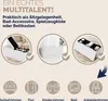 Collage of images showing a white storage bench used in different ways and in different rooms, with icons representing room types. Produktbild-Vorschau
