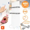 A hand is shown interacting with a smartphone app that controls a white infrared towel heater. The heater has silver towel rails and is shown with various marketing icons and text overlays. Produktbild-Vorschau