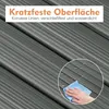 A close-up of a grey, ribbed surface with water droplets, and a hand wiping it with a blue cloth. Text overlays describe the surface as scratch-resistant, convex lines, abrasion-resistant, and waterproof. Podgląd zdjęcia produktu