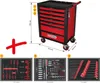 A collage of images showing a red and black tool cart with drawers, along with detailed inlays of tools. Produktbild-Vorschau