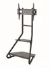 A black TV stand with shelves and a mount for a television, isolated on a white background. Produktbild-Vorschau