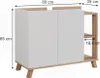 A product shot of a white and wood cabinet with dimensions indicated. Náhled obrázku produktu
