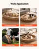 A collage of four images showing a dog bed being used in different scenarios: lounging with a person, interacting with pets, on a camping trip, and with a family. Produktbild-Vorschau