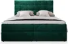 A green upholstered bed with white pillows and bedding, shown from the front. Produktbild-Vorschau