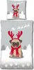 A Christmas-themed duvet cover and pillowcase set featuring a pug wearing reindeer antlers and a scarf. Produktbild-Vorschau