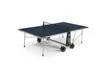 A dark blue outdoor table tennis table with wheels and a net, shown on a white background. Produktbild-Vorschau