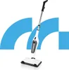 A white and gray steam cleaner is shown against a background with blue curved shapes and white squares. Produktbild-Vorschau