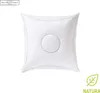 A white pillow with a circular design in the center, presented on a white background. There are logos and text in the corners. Produktbild-Vorschau
