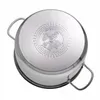 The bottom of a stainless steel pot is shown against a white background. The bottom has markings indicating compatibility with various heat sources. Produktbild-Vorschau