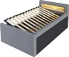 A grey upholstered bed frame with a slatted base and integrated LED lighting at the headboard, shown from a diagonal angle. Produktbild-Vorschau