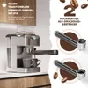 An espresso machine with a cup and two portafilters, set against a background with text and coffee beans. Produktbild-Vorschau