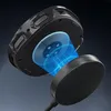 A close-up, angled view of a black wireless charger and a black device with blue energy waves emanating between them. Produktbild-Vorschau