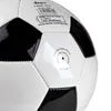 Close-up view of a black and white soccer ball, showing stitching and branding details. Produktbild-Vorschau