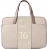 A beige laptop bag with brown handles is shown against a white background. A beige label with product information is attached to the front of the bag. Produktbild-Vorschau