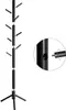 A black coat rack is shown assembled on a white background. The image also includes a close-up inset showing how two sections of the pole connect. Podgląd zdjęcia produktu