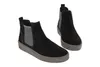 A pair of black Chelsea boots with gray elastic side panels and a ridged gray sole, presented on a white background. Produktbild-Vorschau