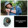 A collage featuring a person wearing a smartwatch in a forest setting and a close-up of a smartwatch. Voir les images du produit