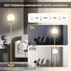 A modern living room scene with a floor lamp and sofa, showcasing the lamp in both on and off states, along with different bulb types. Podgląd zdjęcia produktu