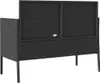 A black poly rattan garden bench with a storage compartment and a backrest, shown against a white background. Náhled obrázku produktu