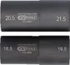 Two dark gray cylindrical objects, likely tool sockets, are shown side-by-side in two rows. Each object has white text and a logo printed on it. Produktbild-Vorschau