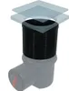 A black extension piece for a drainpipe, shown on top of a gray drainpipe fitting. Two translucent square grates are shown above the extension piece. Produktbild-Vorschau