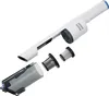 Disassembled parts of a white handheld vacuum cleaner are laid out against a white background. Produktbild-Vorschau
