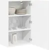 A white cabinet with its door open, showing shelves stocked with dishes, bowls, and glasses. Produktbild-Vorschau