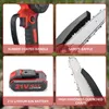 A collage of four close-up images showcasing different parts of a mini chainsaw, with text labels describing each feature. Podgląd zdjęcia produktu