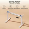A white electric standing desk frame on a light brown background, with icons and text describing its features. Podgląd zdjęcia produktu