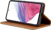 A brown leather flip case for a smartphone is shown open, with the phone inside. Produktbild-Vorschau