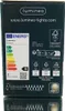 The image shows the back of a product box for Lumineo LED string lights, featuring an energy efficiency label, recycling symbols, and product specifications. Produktbild-Vorschau