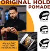 A man holding a jar of pomade, with illustrations of hairstyles and text describing the product. Podgląd zdjęcia produktu