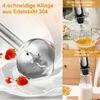 Close-up of an immersion blender blade with strawberries and milk splashing, and inset images showing the blender in use. Produktbild-Vorschau
