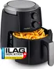 A black air fryer filled with french fries, with a logo and text overlay on the front. Produktbild-Vorschau