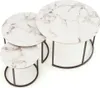 A set of three nesting coffee tables with white marble-patterned tops and black metal frames, photographed against a white background. Produktbild-Vorschau